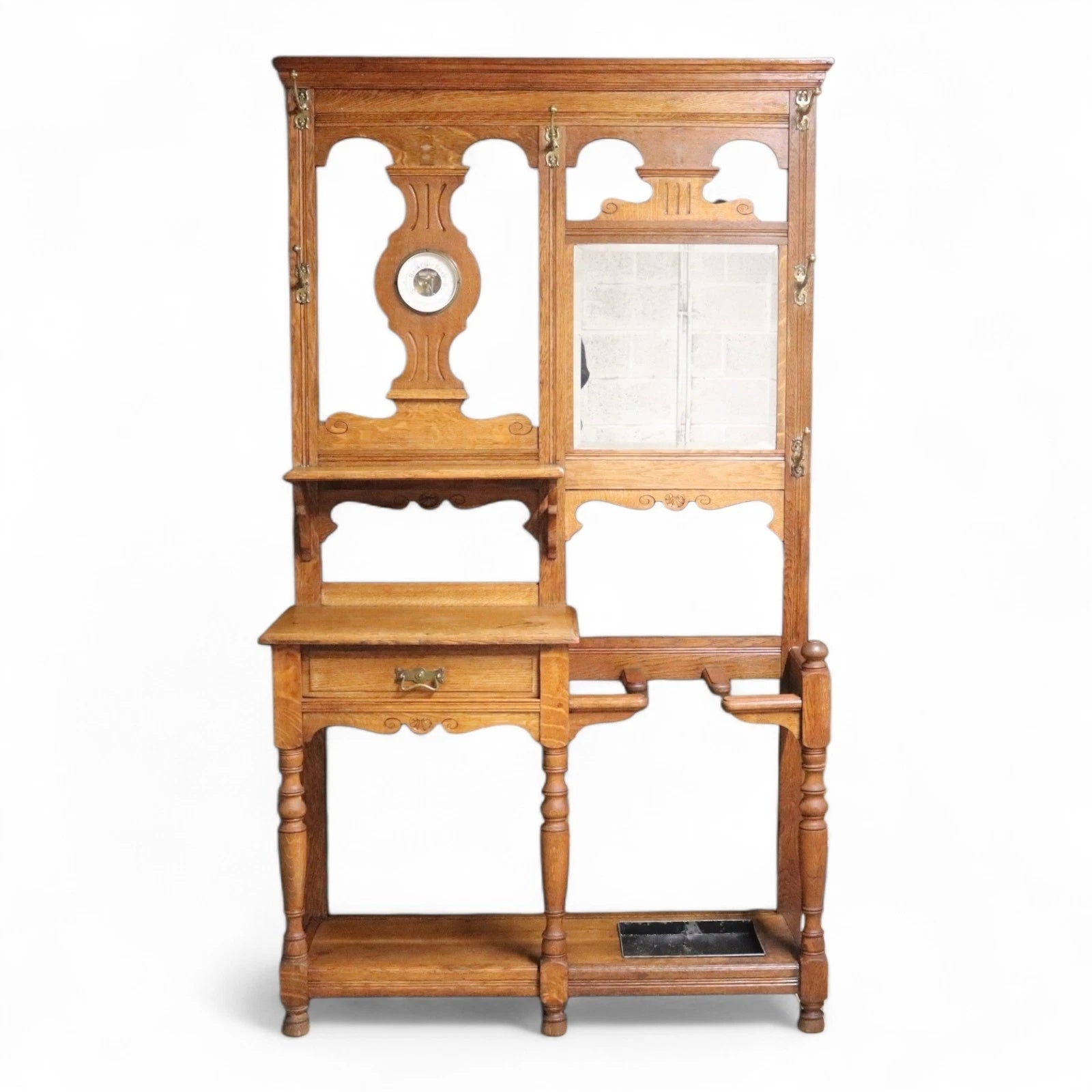 Antique Edwardian Oak Hall Stand Barometer & Mirror - Arts & Crafts Style c.1905