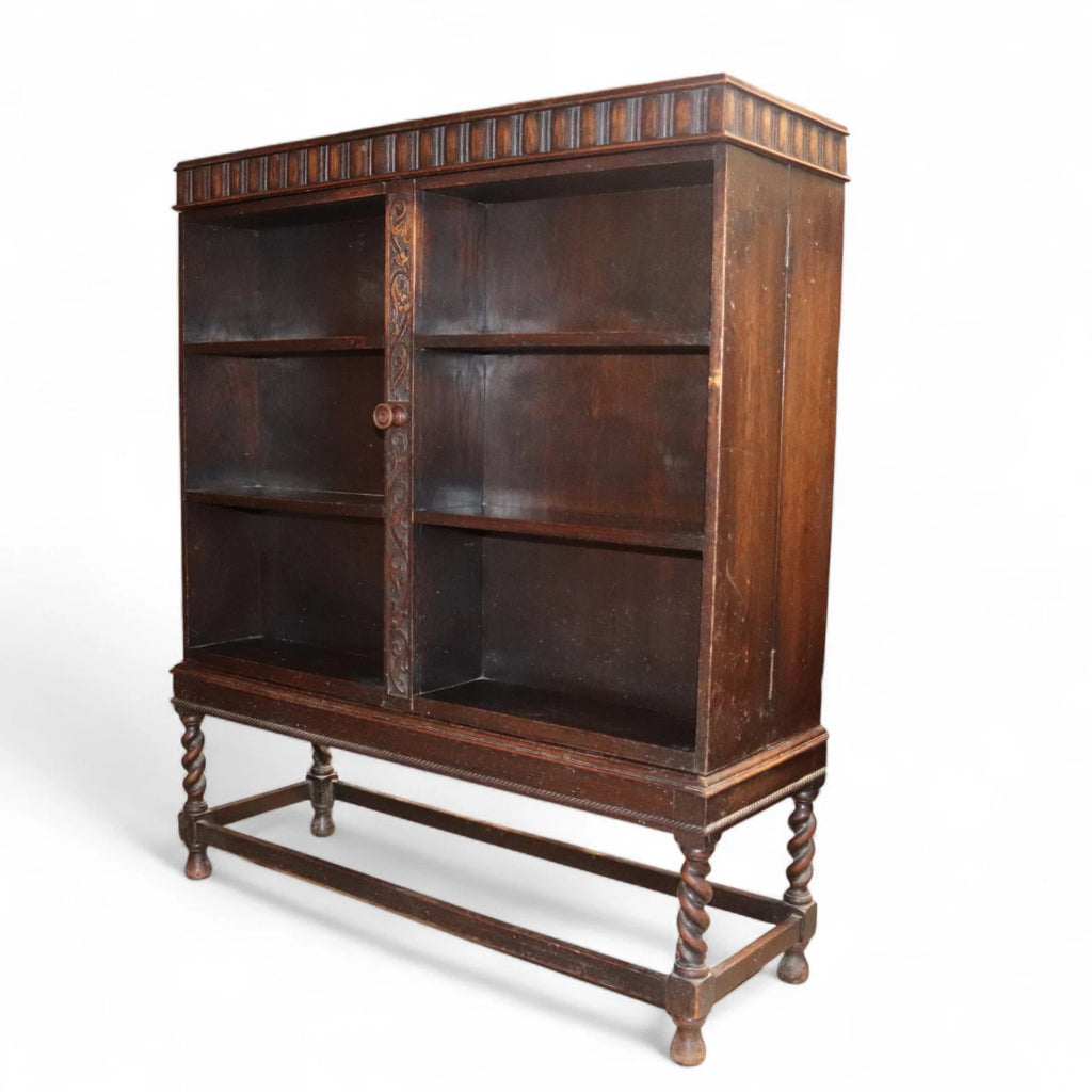 Antique Carolean Revival Oak Double Depth Bookcase Barley Twist Book Shelves