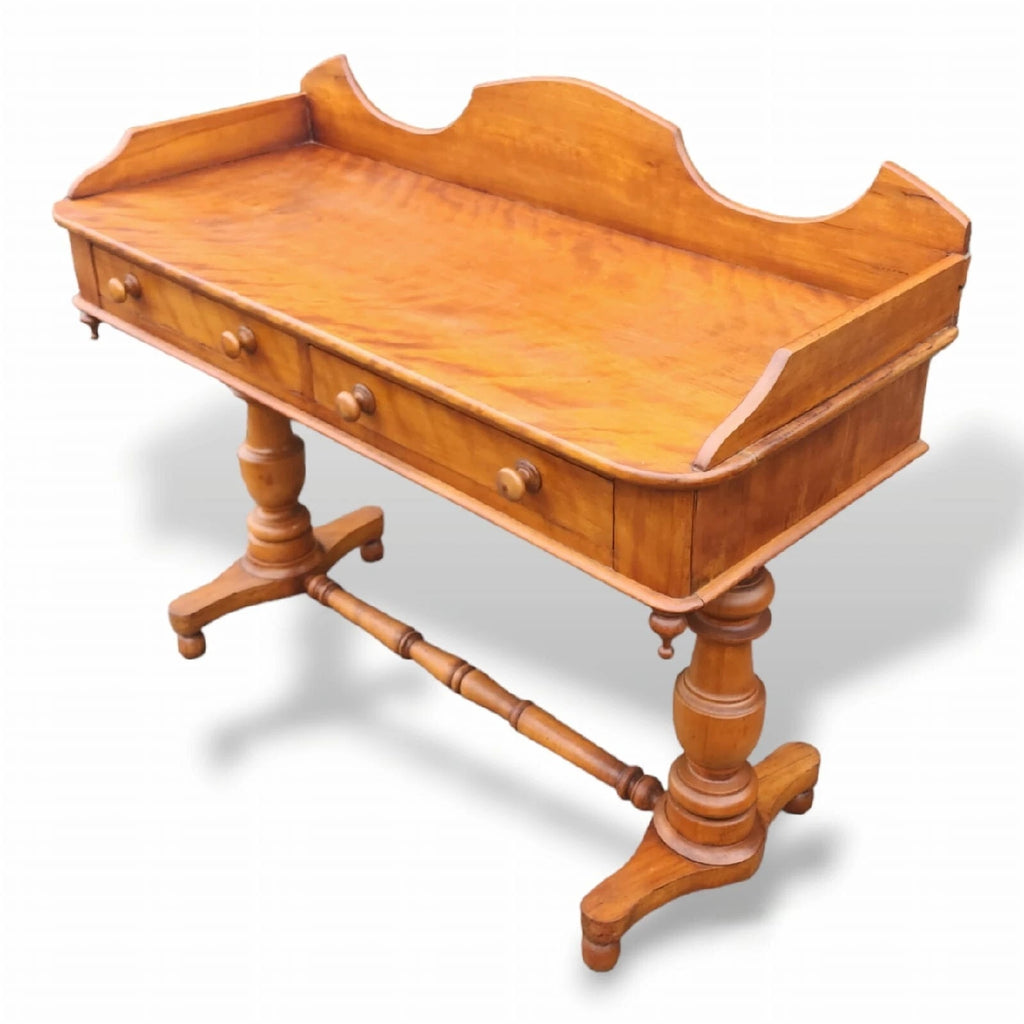 Victorian Satin Birch two drawer gallery back writing table antique desk