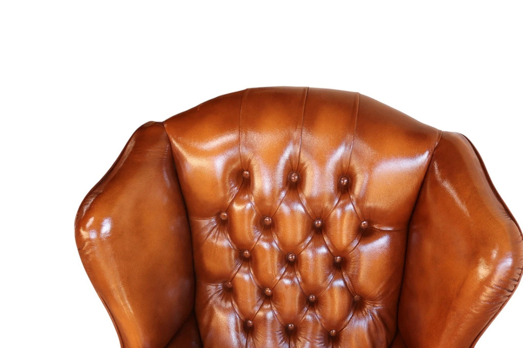 Vintage Chesterfield Tan Leather Wing Back Armchair With Footstool