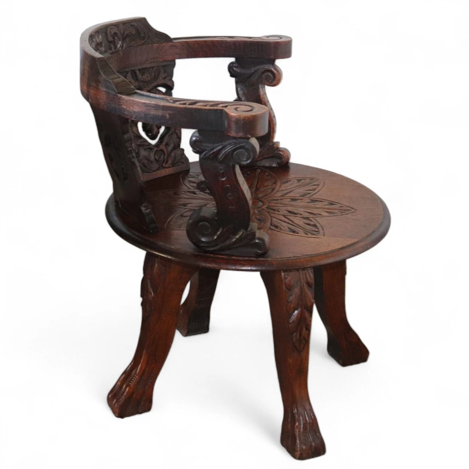 Antique Victorian Carved Oak Green Man Captians Swivel Office Chair