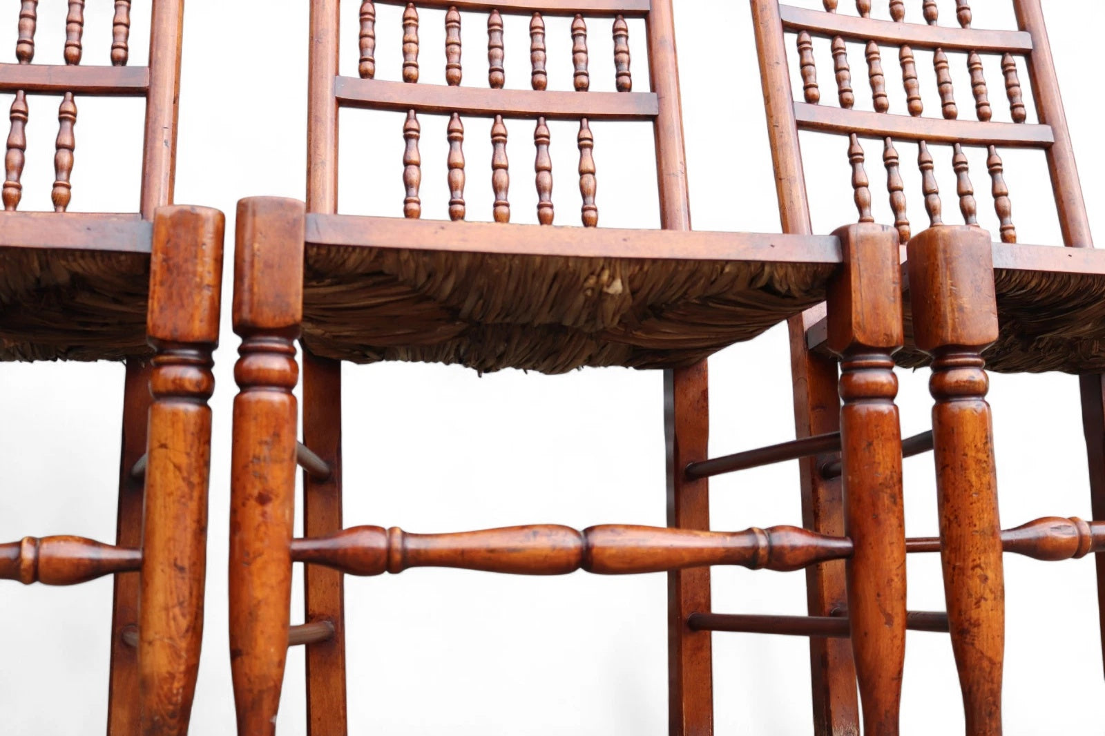 Set of 8 Antique Lancashire Elm & Ash Rush Seat Spindle Back Dining Chairs