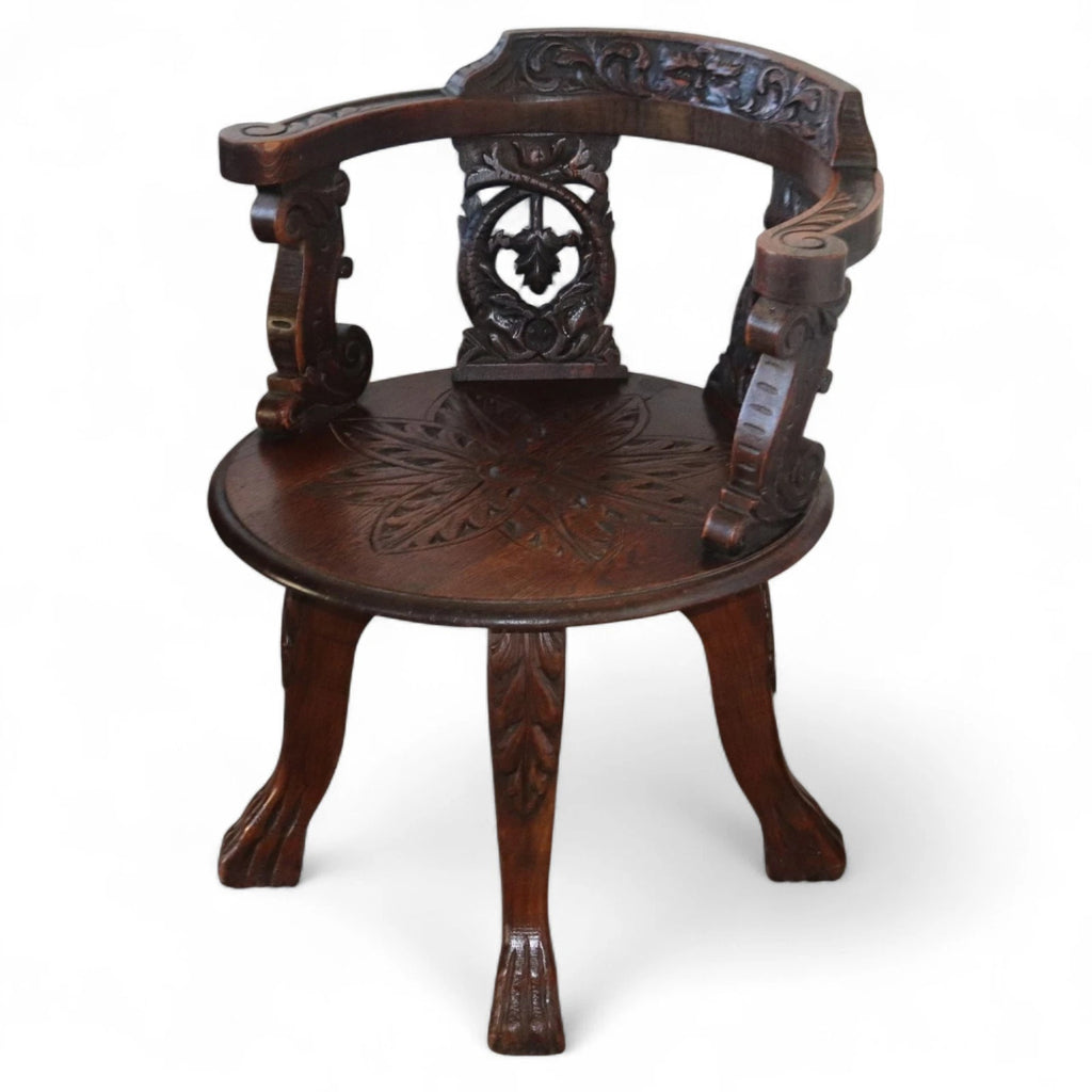 Antique Victorian Carved Oak Green Man Captians Swivel Office Chair