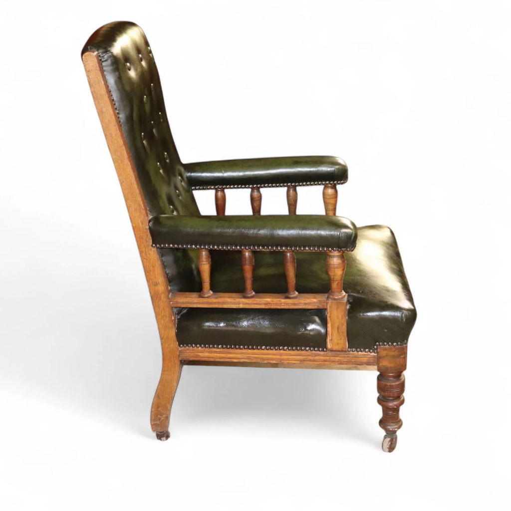 Antique Green Leather Buttoned Library Chair / Edwardian Oak Armchair