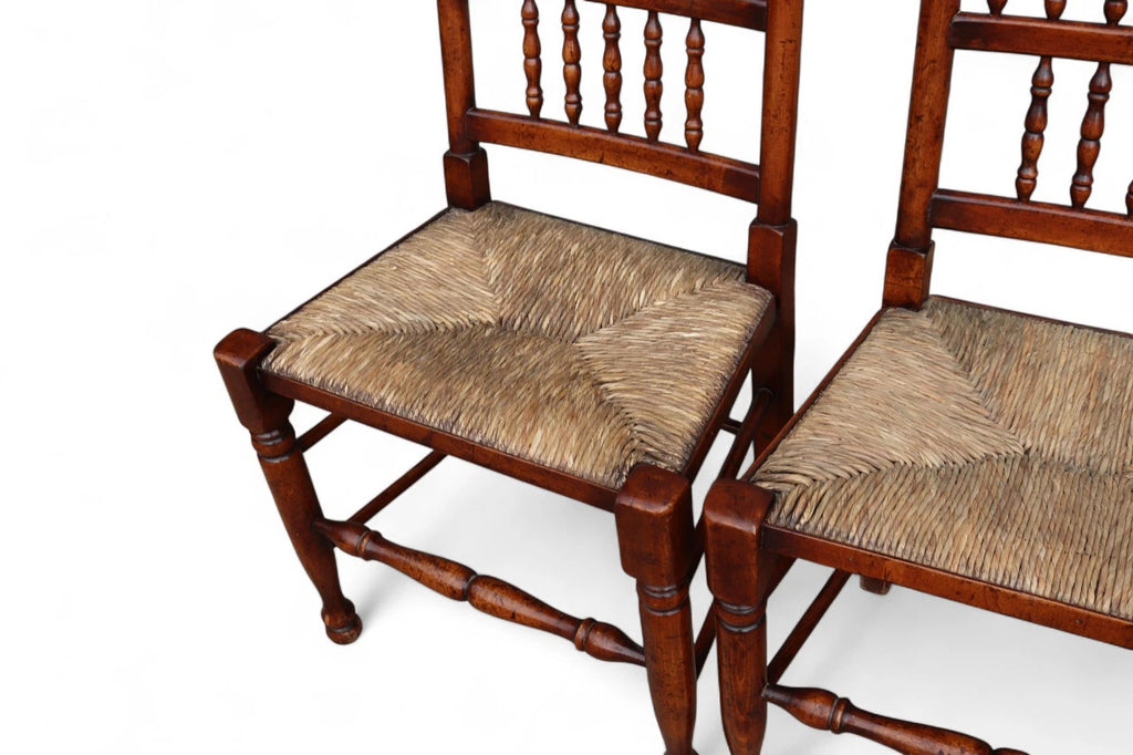Set of 8 Antique Lancashire Elm & Ash Rush Seat Spindle Back Dining Chairs