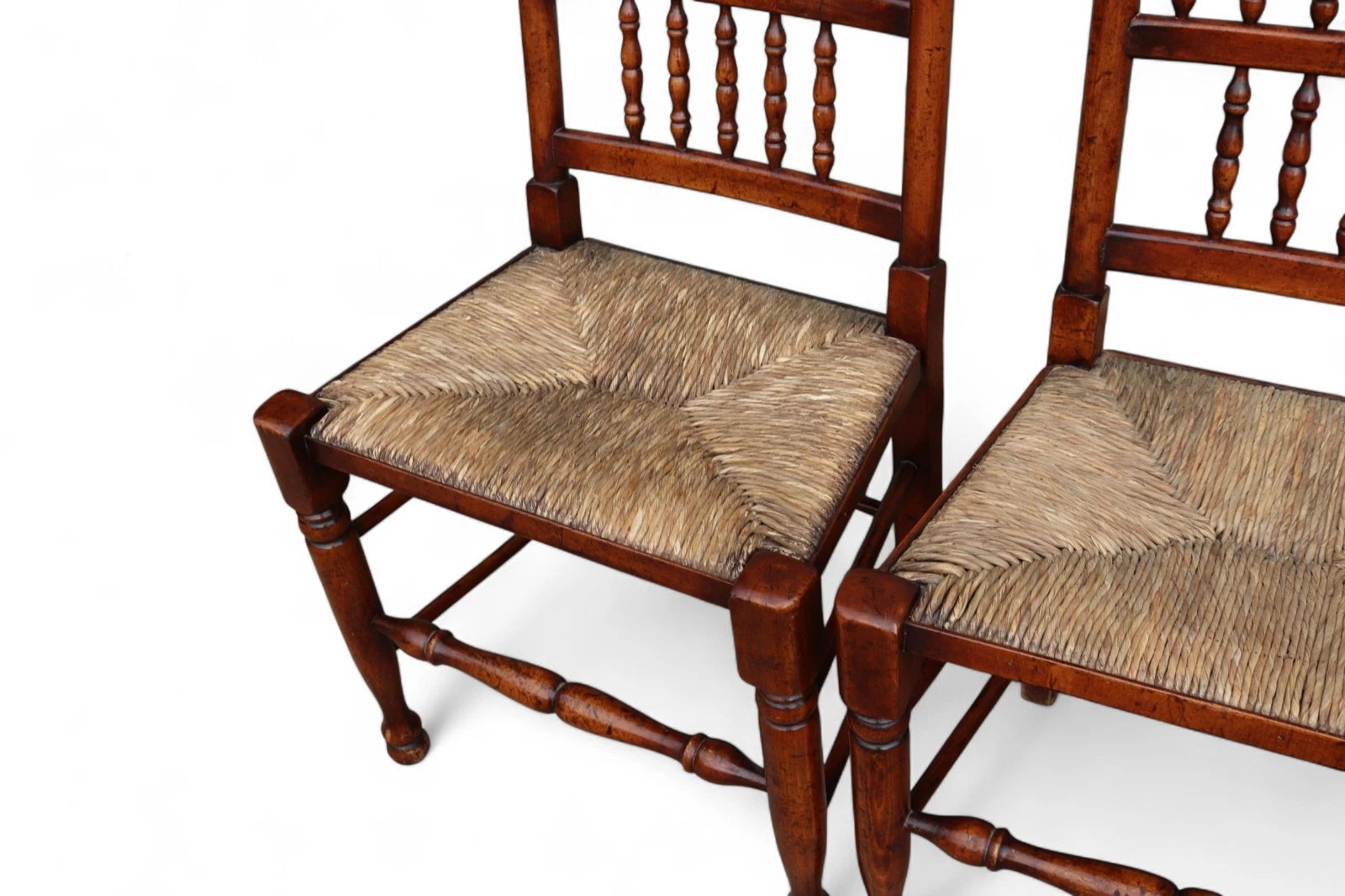 Set of 8 Antique Lancashire Elm & Ash Rush Seat Spindle Back Dining Chairs