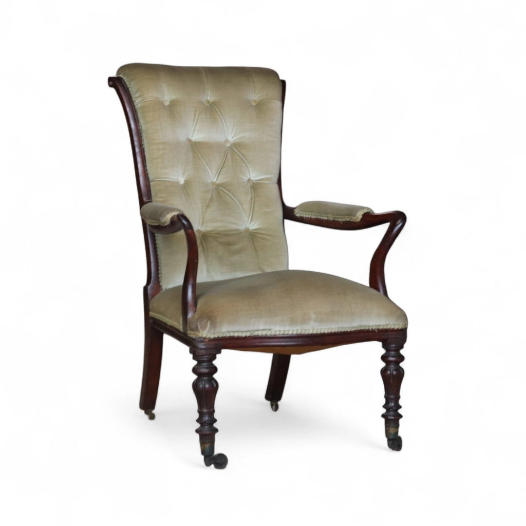 Antique Victorian Scroll Back Armchair  Mahogany Button Back Library Chair 19thC