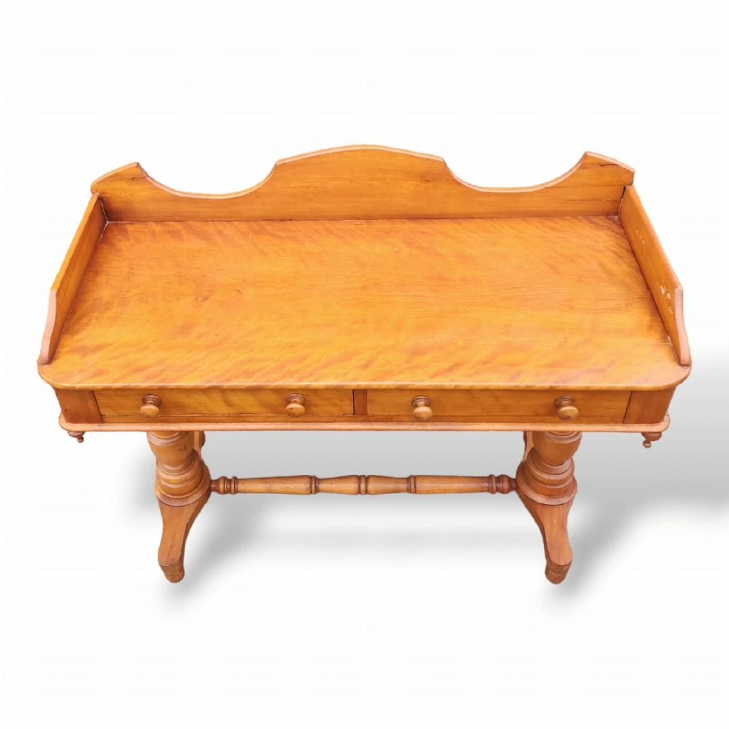 Victorian Satin Birch two drawer gallery back writing table antique desk