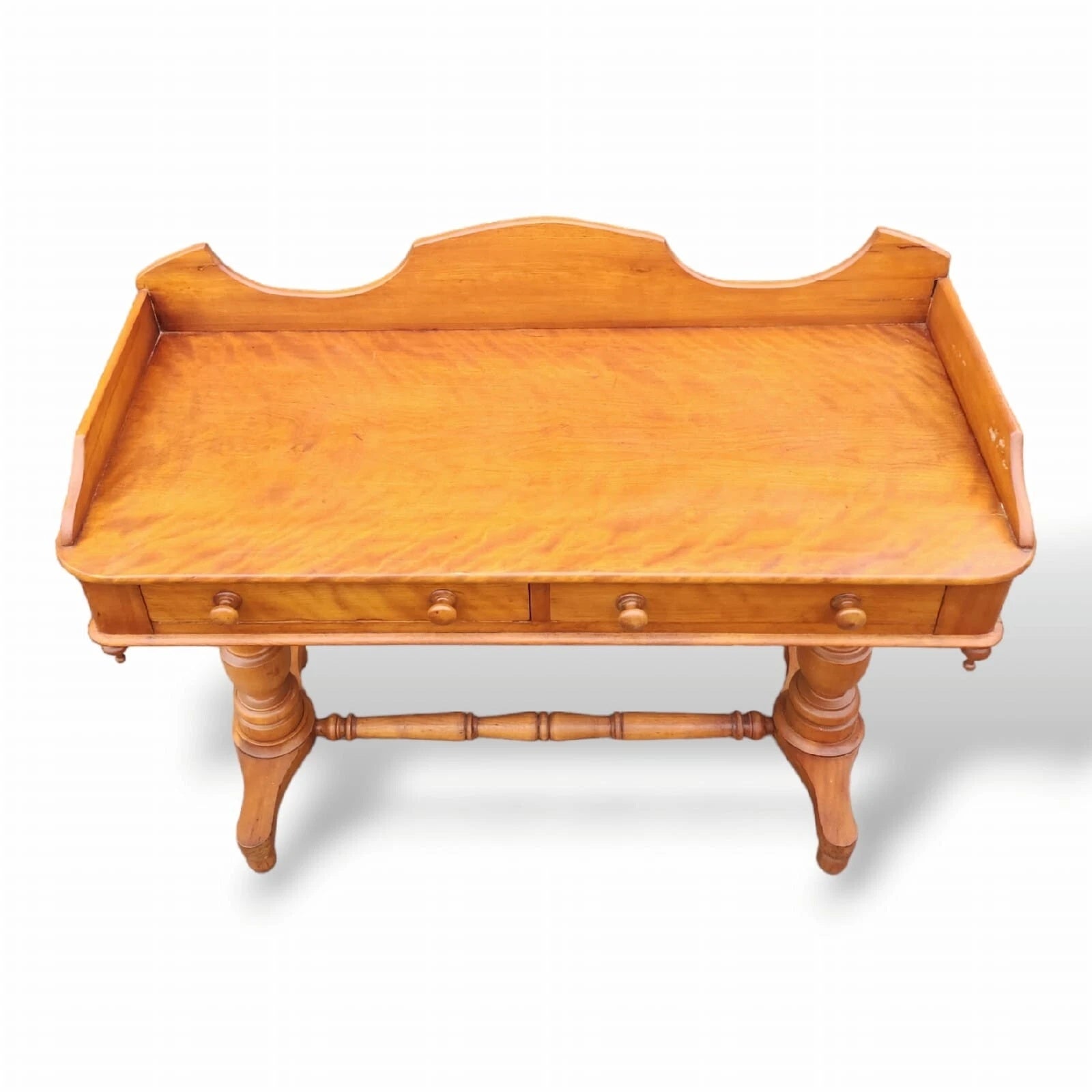 Victorian Satin Birch two drawer gallery back writing table antique desk