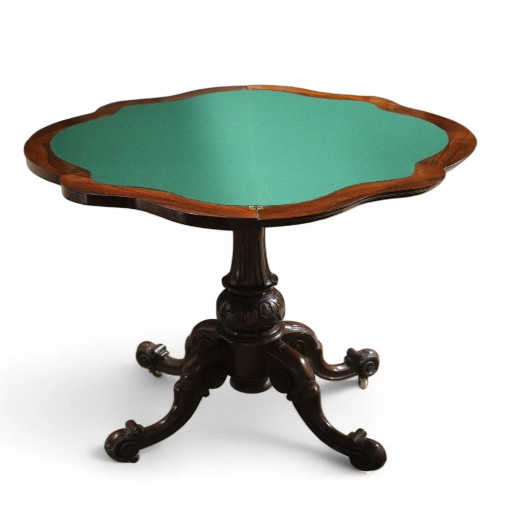 Victorian Antique Rosewood Card Table 19thC Fold Over Swivel Games Table