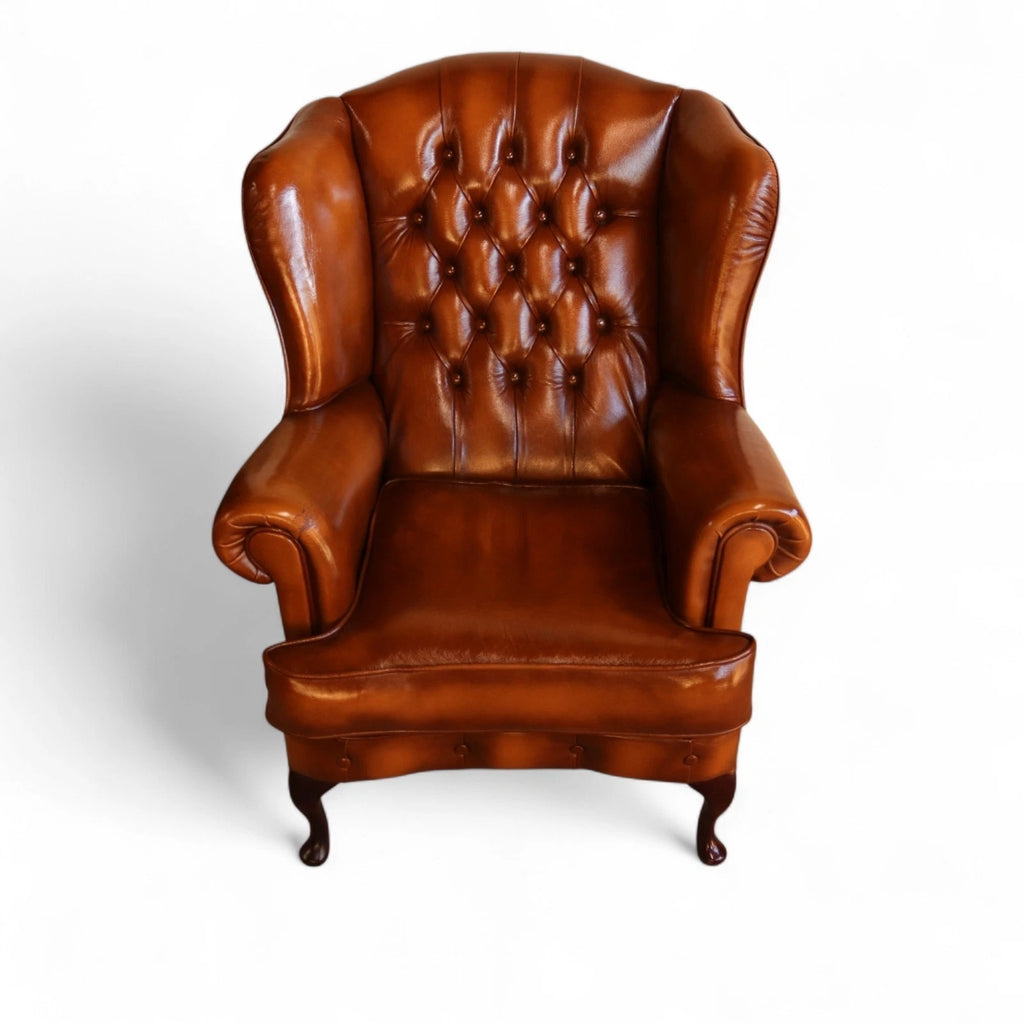 Vintage Chesterfield Tan Leather Wing Back Armchair With Footstool