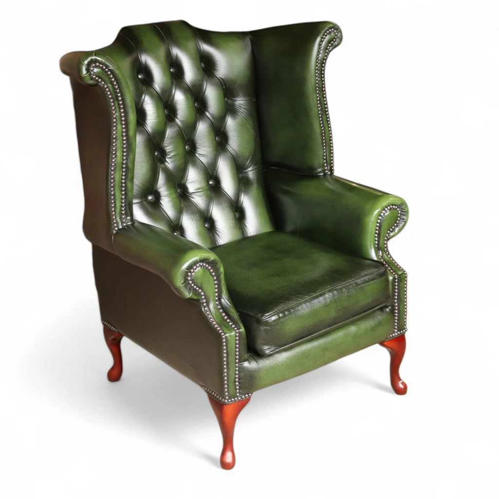 Vintage Green Leather Chesterfield Wing Back Armchair