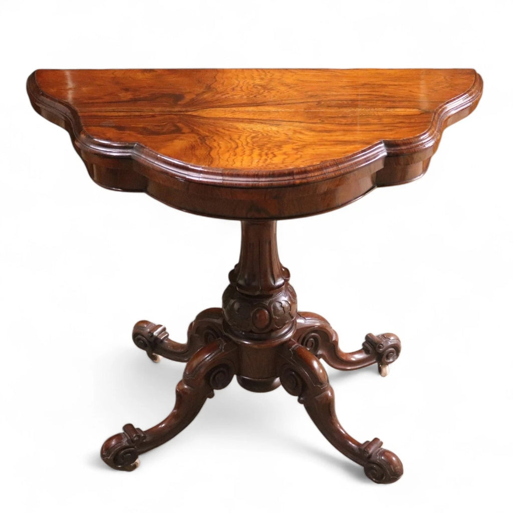 Victorian Antique Rosewood Card Table 19thC Fold Over Swivel Games Table