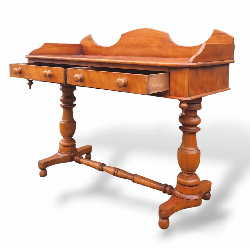 Victorian Satin Birch two drawer gallery back writing table antique desk