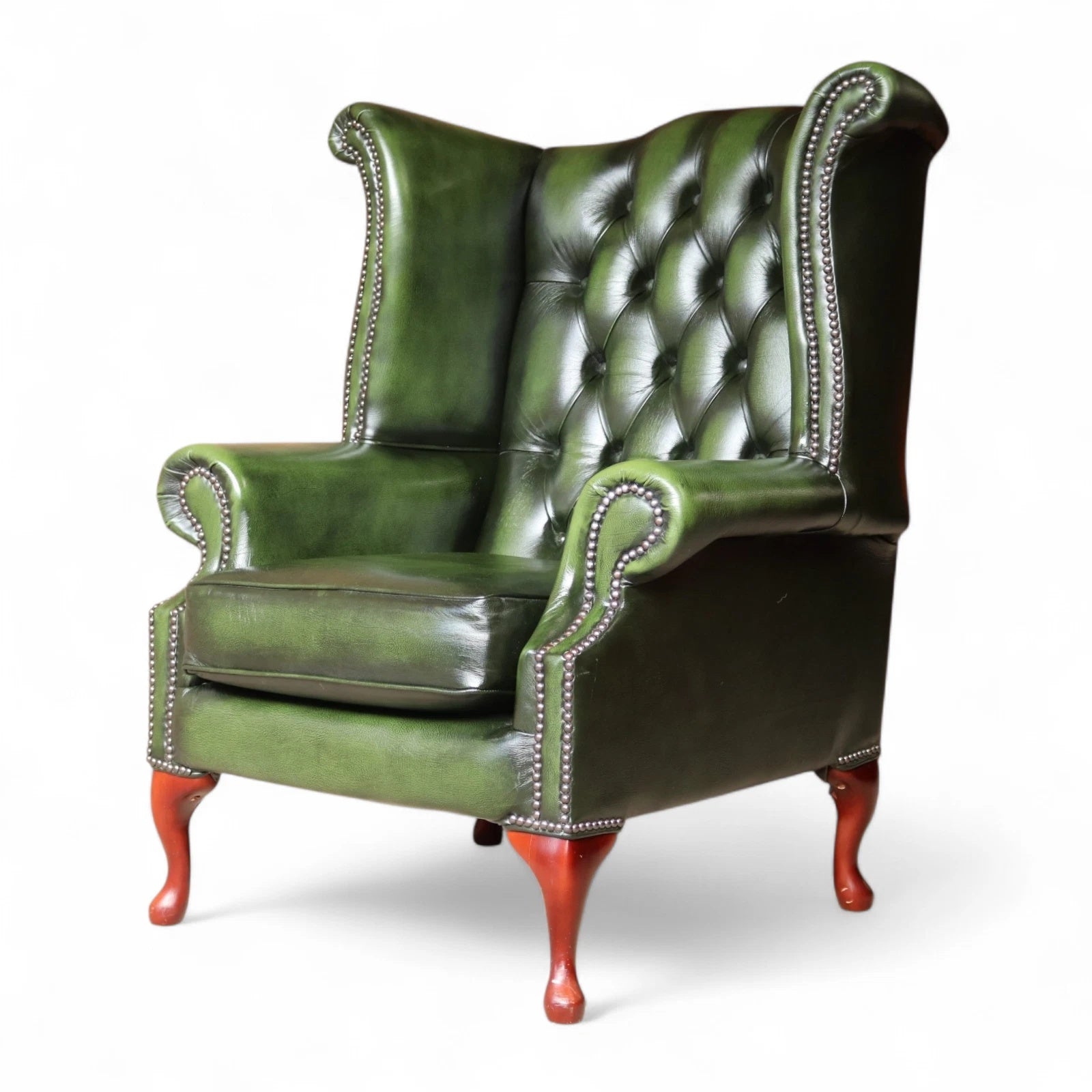 Vintage Green Leather Chesterfield Wing Back Armchair