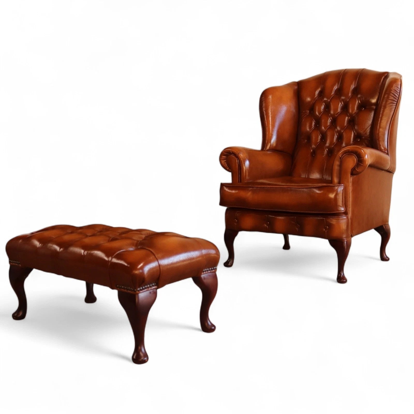 Vintage Chesterfield Tan Leather Wing Back Armchair With Footstool