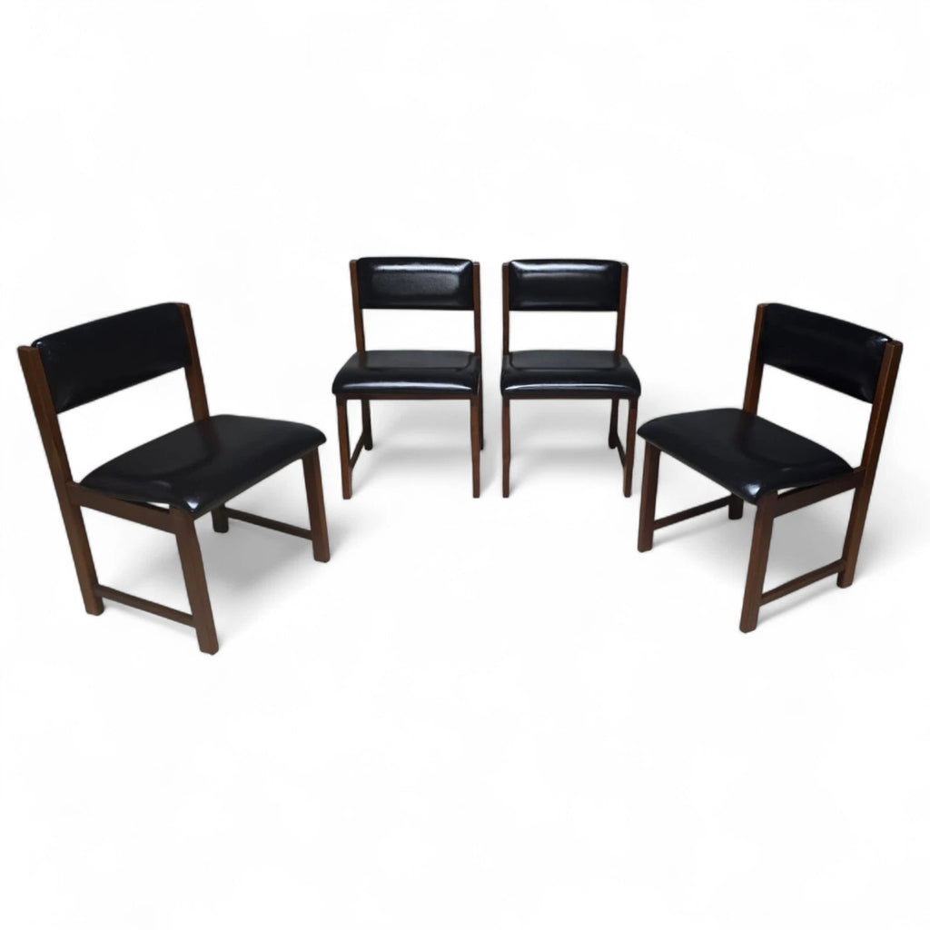 Set of 4 Mid Century Teak Dining Chairs - Pivoting Tilt Back - Black Vinyl MCM