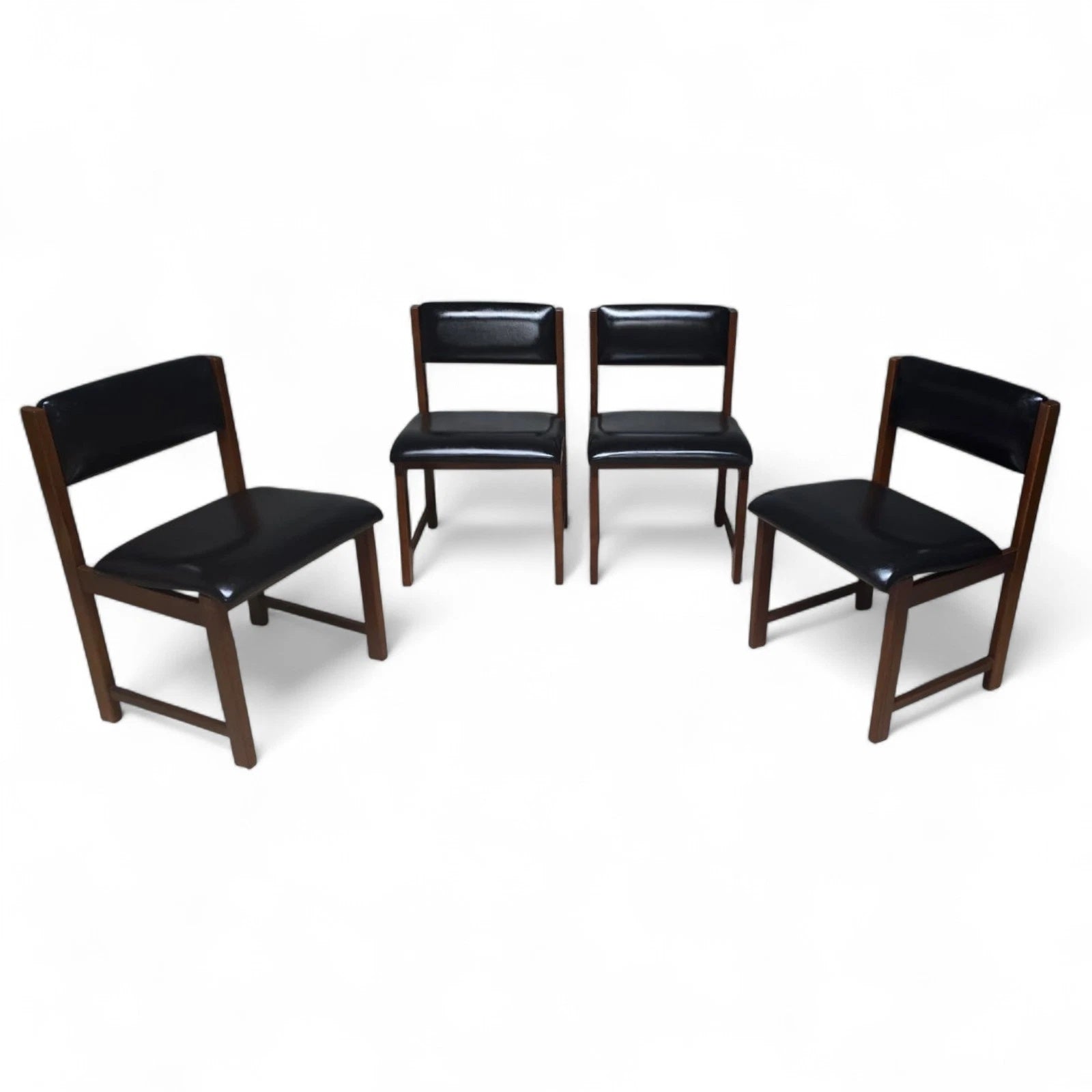 Set of 4 Mid Century Teak Dining Chairs - Pivoting Tilt Back - Black Vinyl MCM