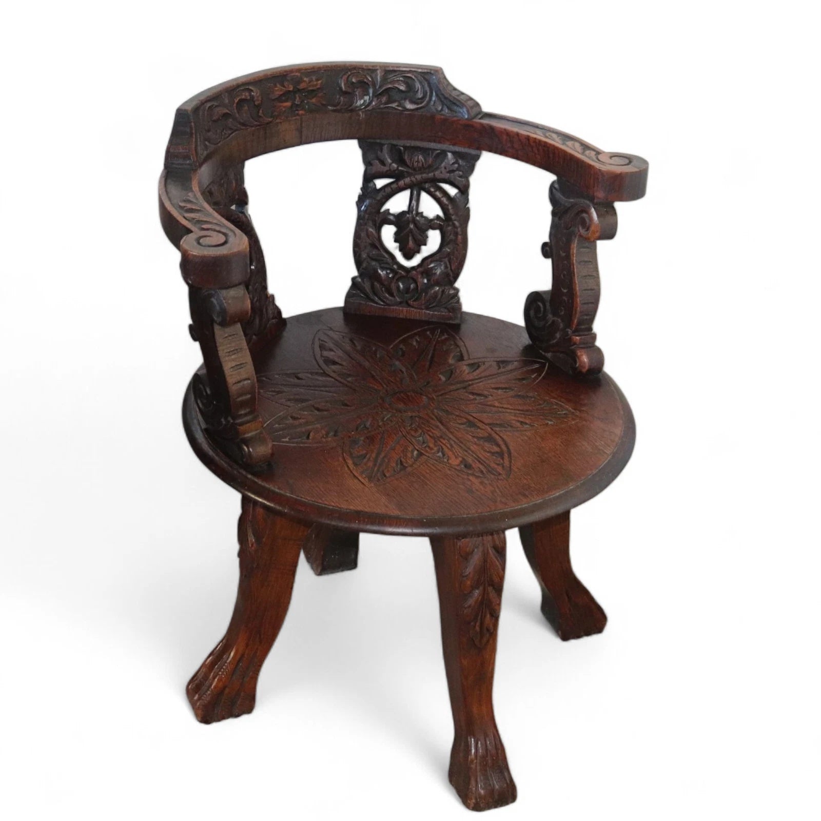 Antique Victorian Carved Oak Green Man Captians Swivel Office Chair