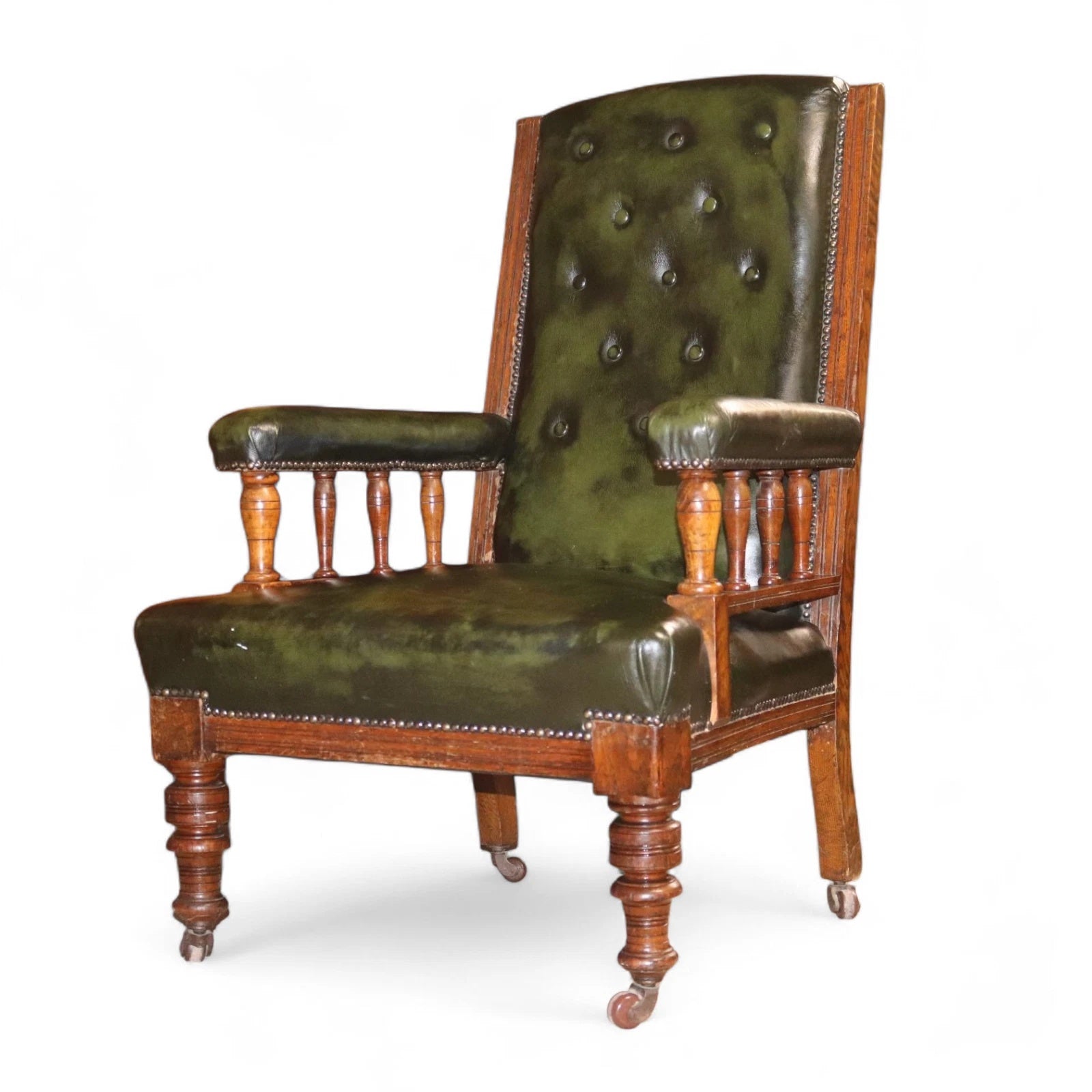 Antique Green Leather Buttoned Library Chair / Edwardian Oak Armchair