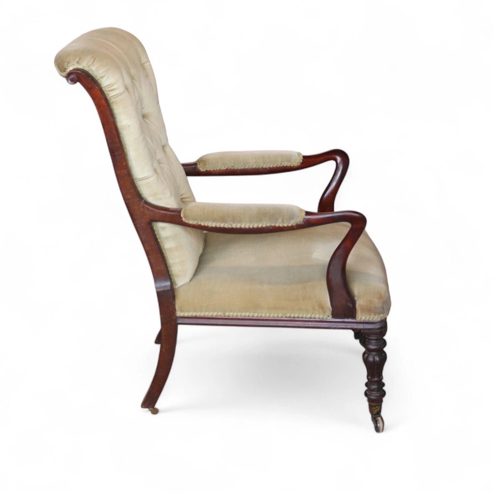 Antique Victorian Scroll Back Armchair  Mahogany Button Back Library Chair 19thC