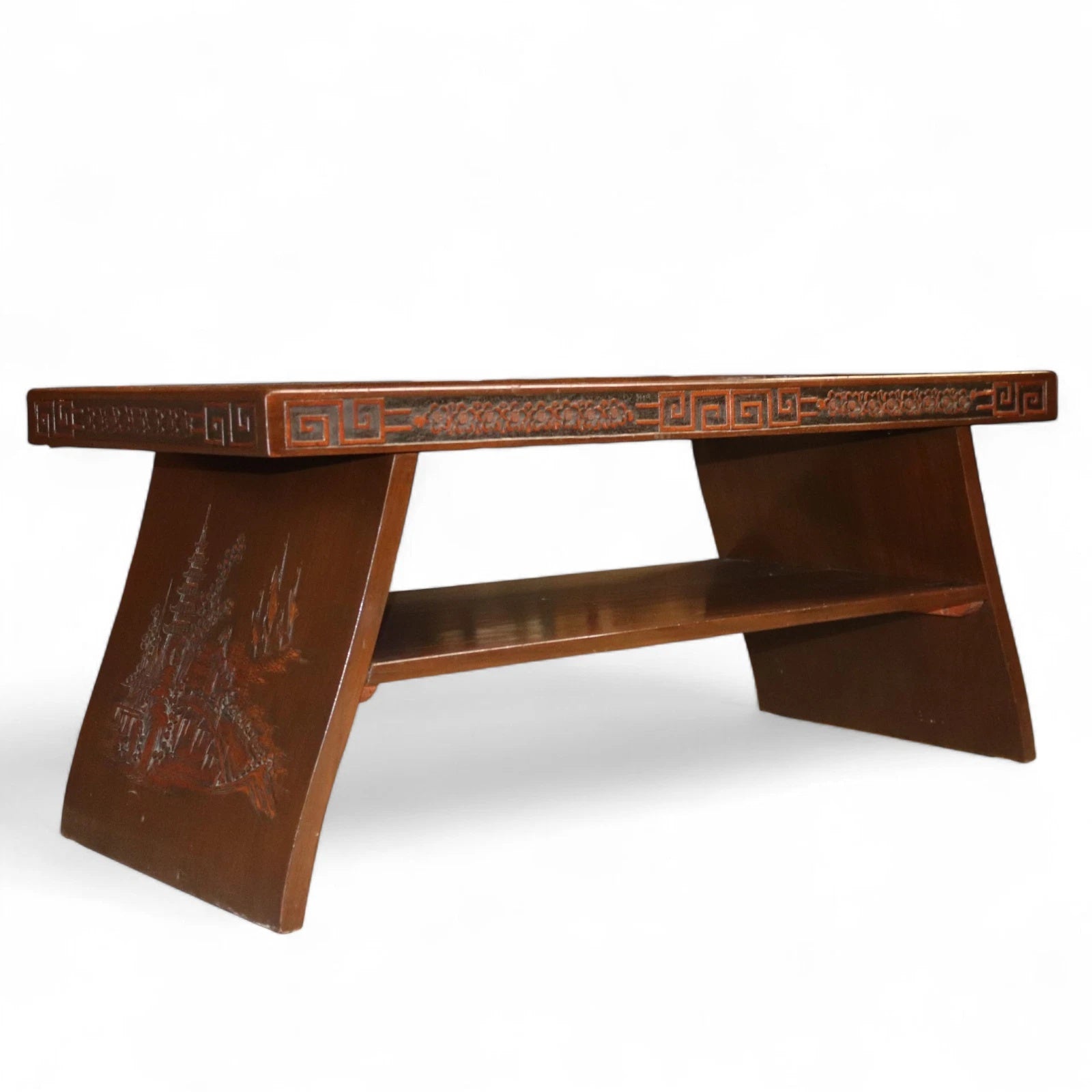 Vintage Chinoiserie Chinese Carved Wood Coffee Table - Glass Top