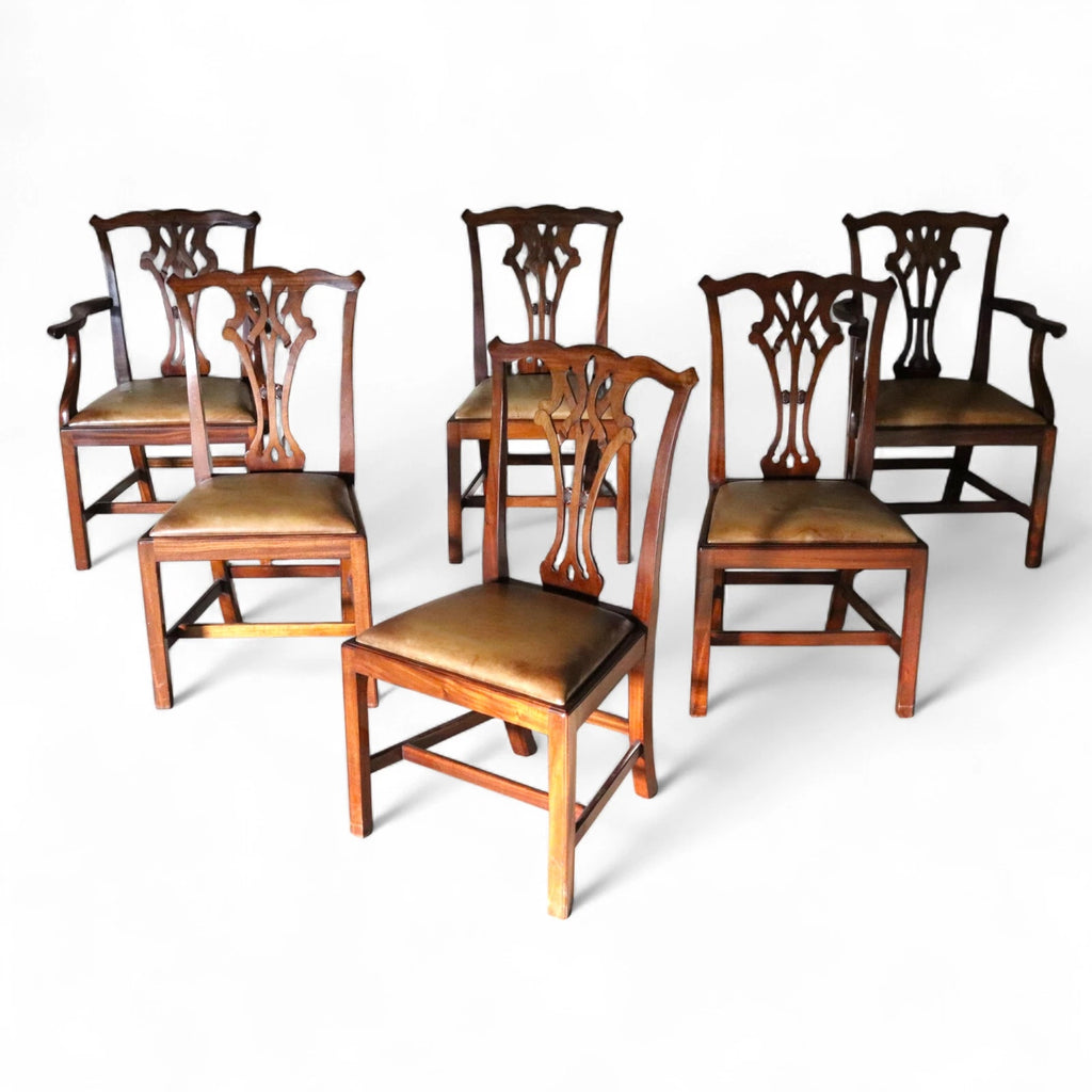 Set of 6 Chippendale Style Mahogany Leather Seat Dining Chairs