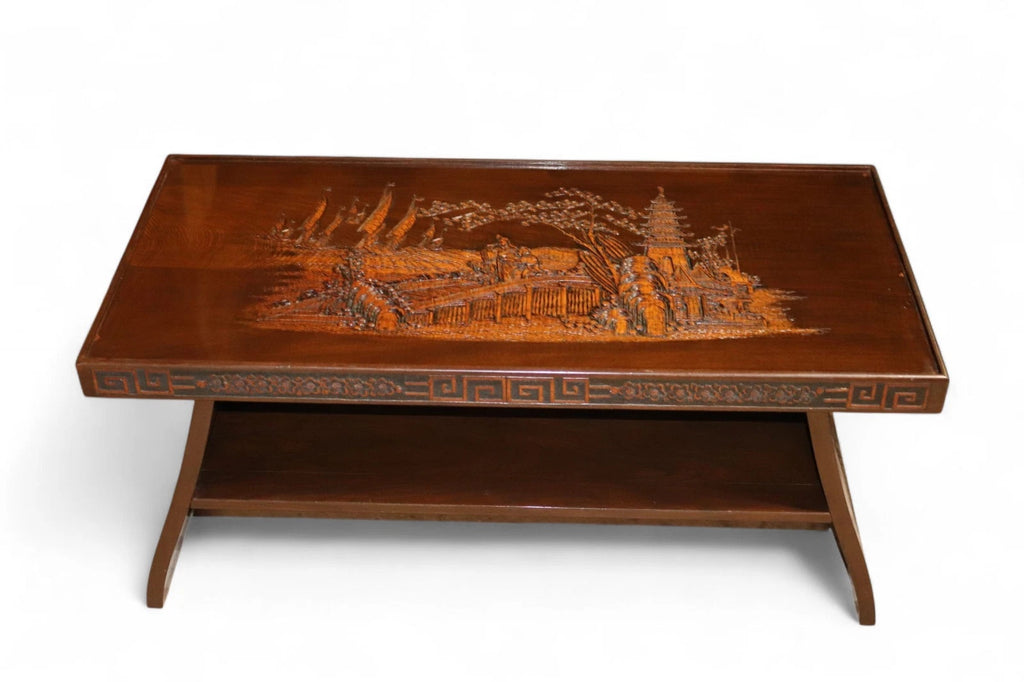 Vintage Chinoiserie Chinese Carved Wood Coffee Table - Glass Top