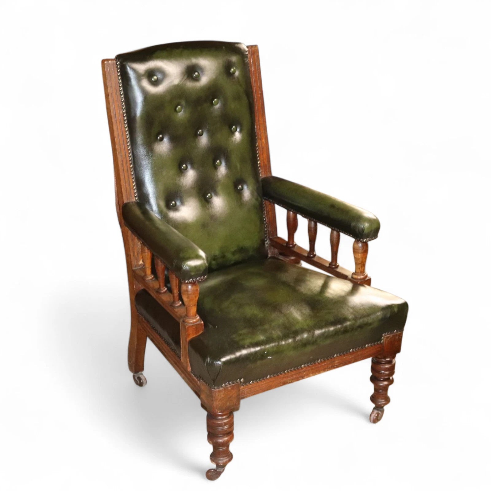 Antique Green Leather Buttoned Library Chair / Edwardian Oak Armchair