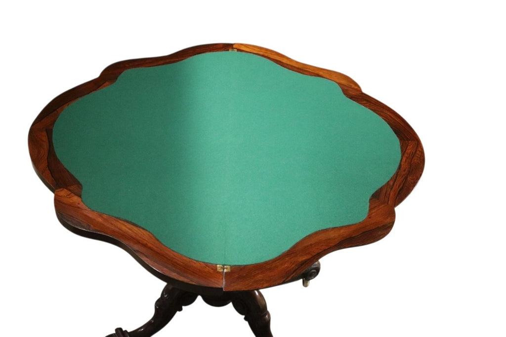 Victorian Antique Rosewood Card Table 19thC Fold Over Swivel Games Table