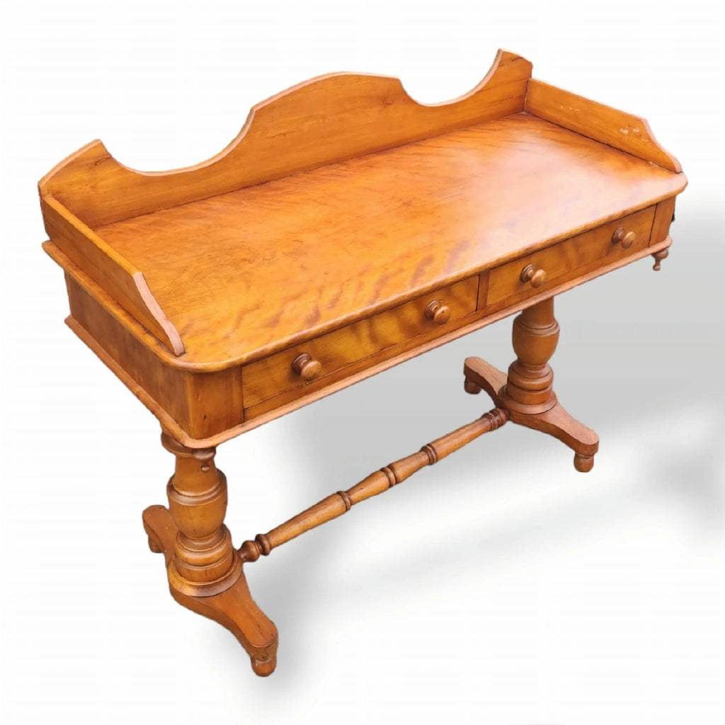 Victorian Satin Birch two drawer gallery back writing table antique desk