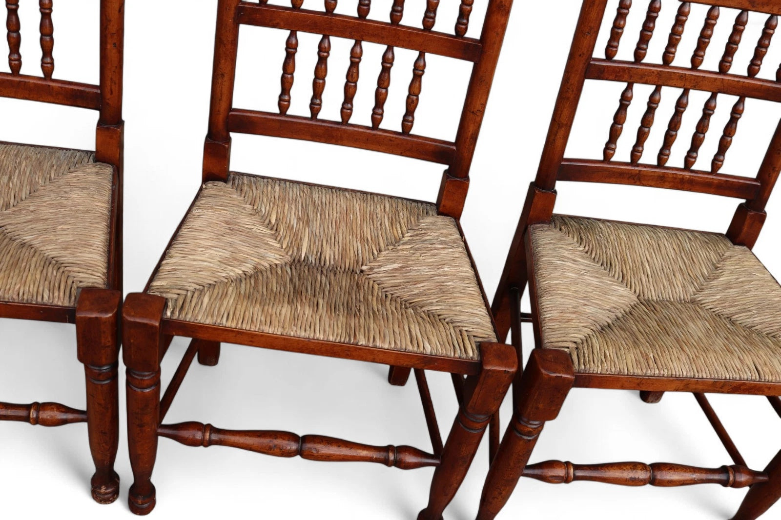 Set of 8 Antique Lancashire Elm & Ash Rush Seat Spindle Back Dining Chairs