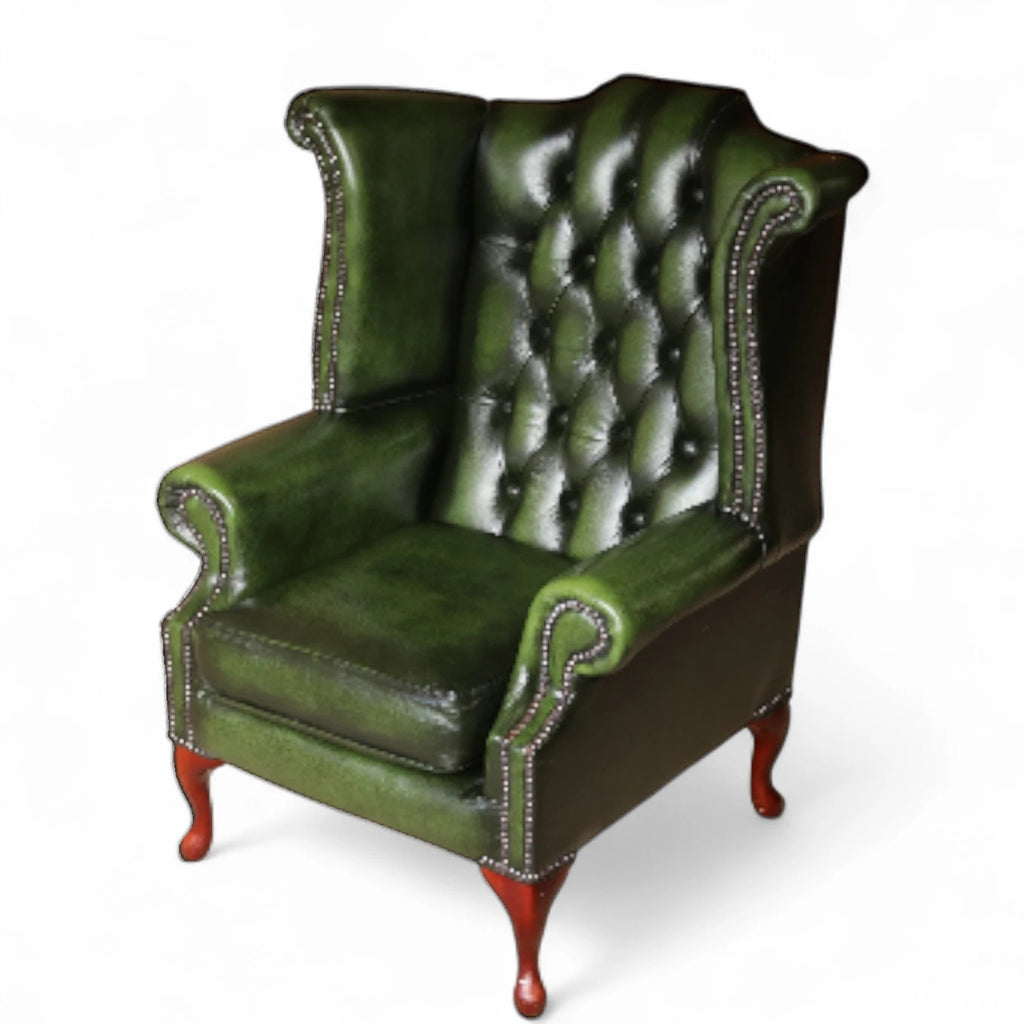 Vintage Green Leather Chesterfield Wing Back Armchair