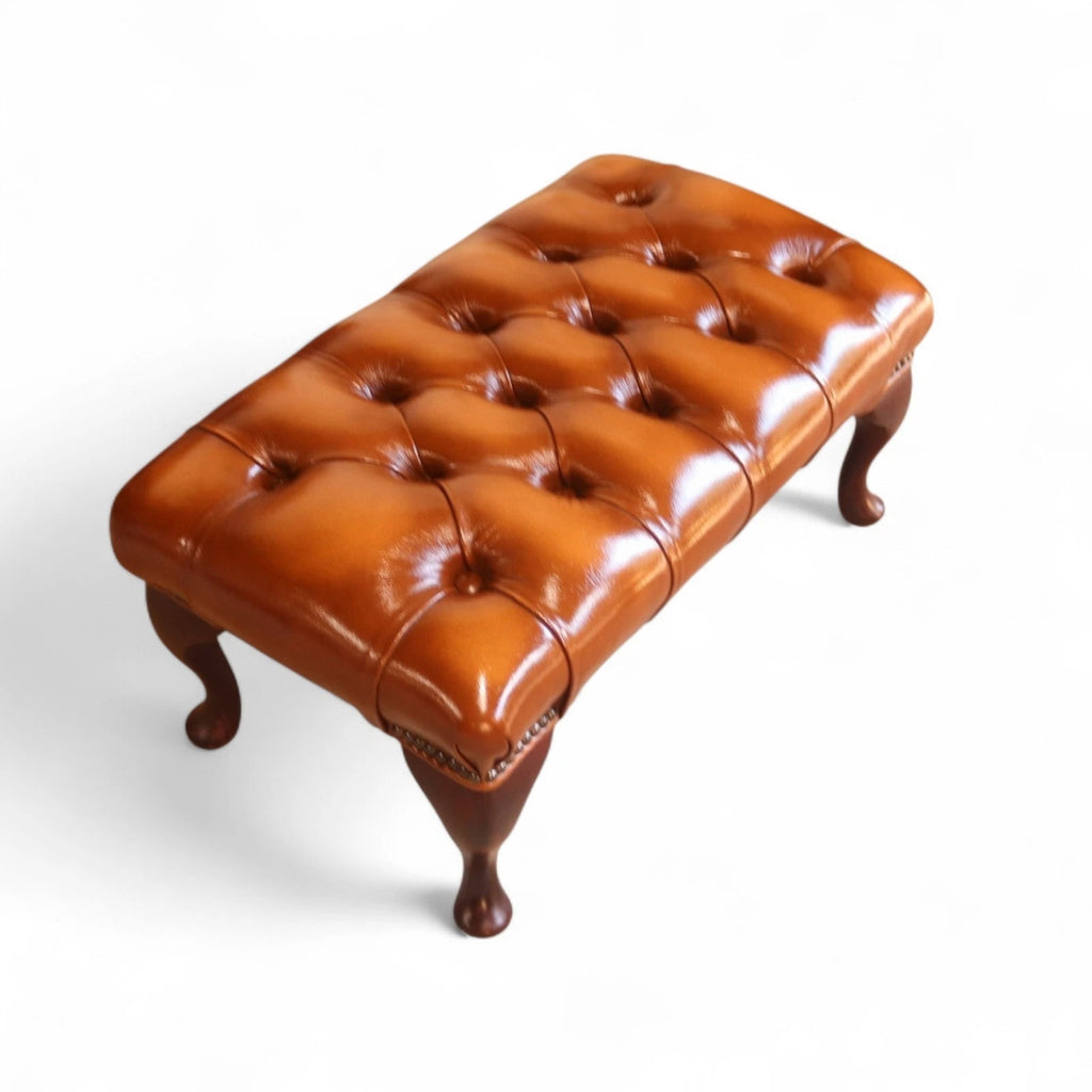 Vintage Chesterfield Tan Leather Wing Back Armchair With Footstool