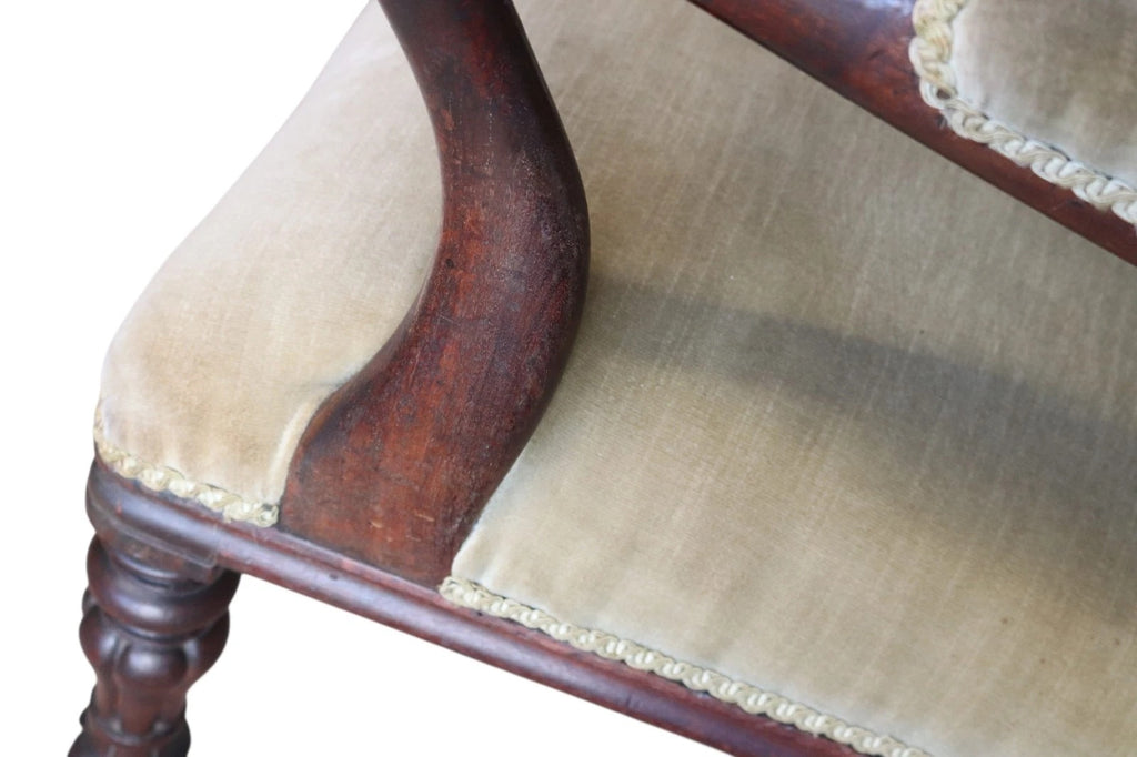 Antique Victorian Scroll Back Armchair  Mahogany Button Back Library Chair 19thC