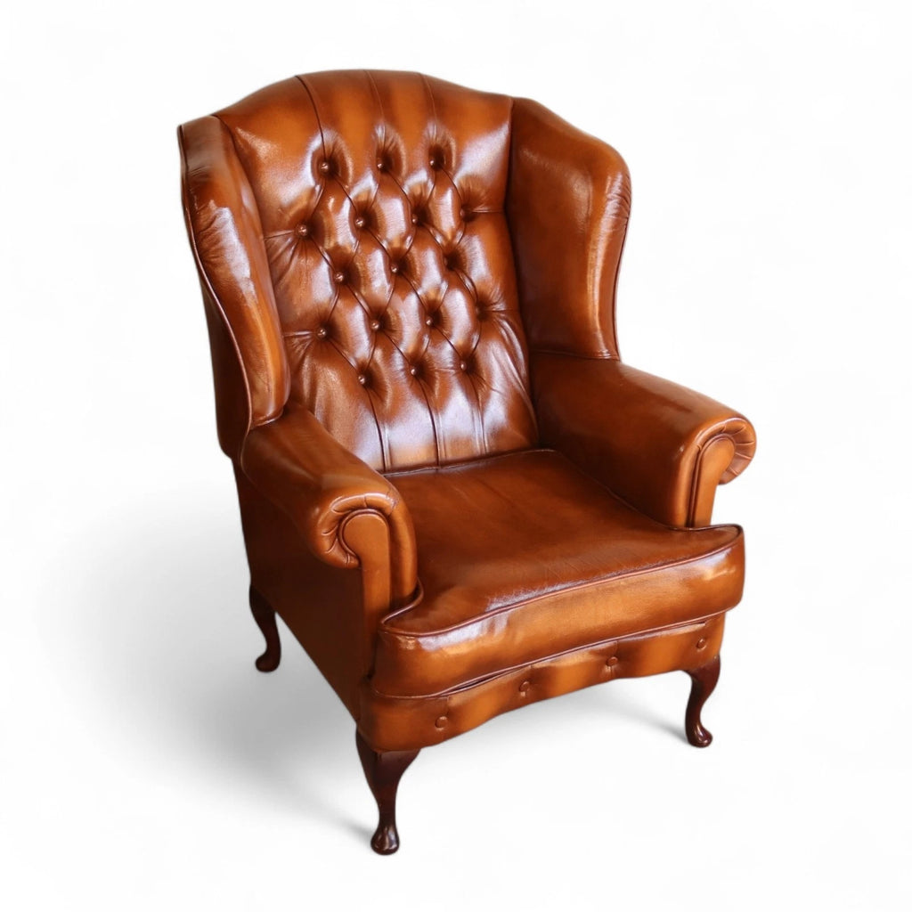 Vintage Chesterfield Tan Leather Wing Back Armchair With Footstool