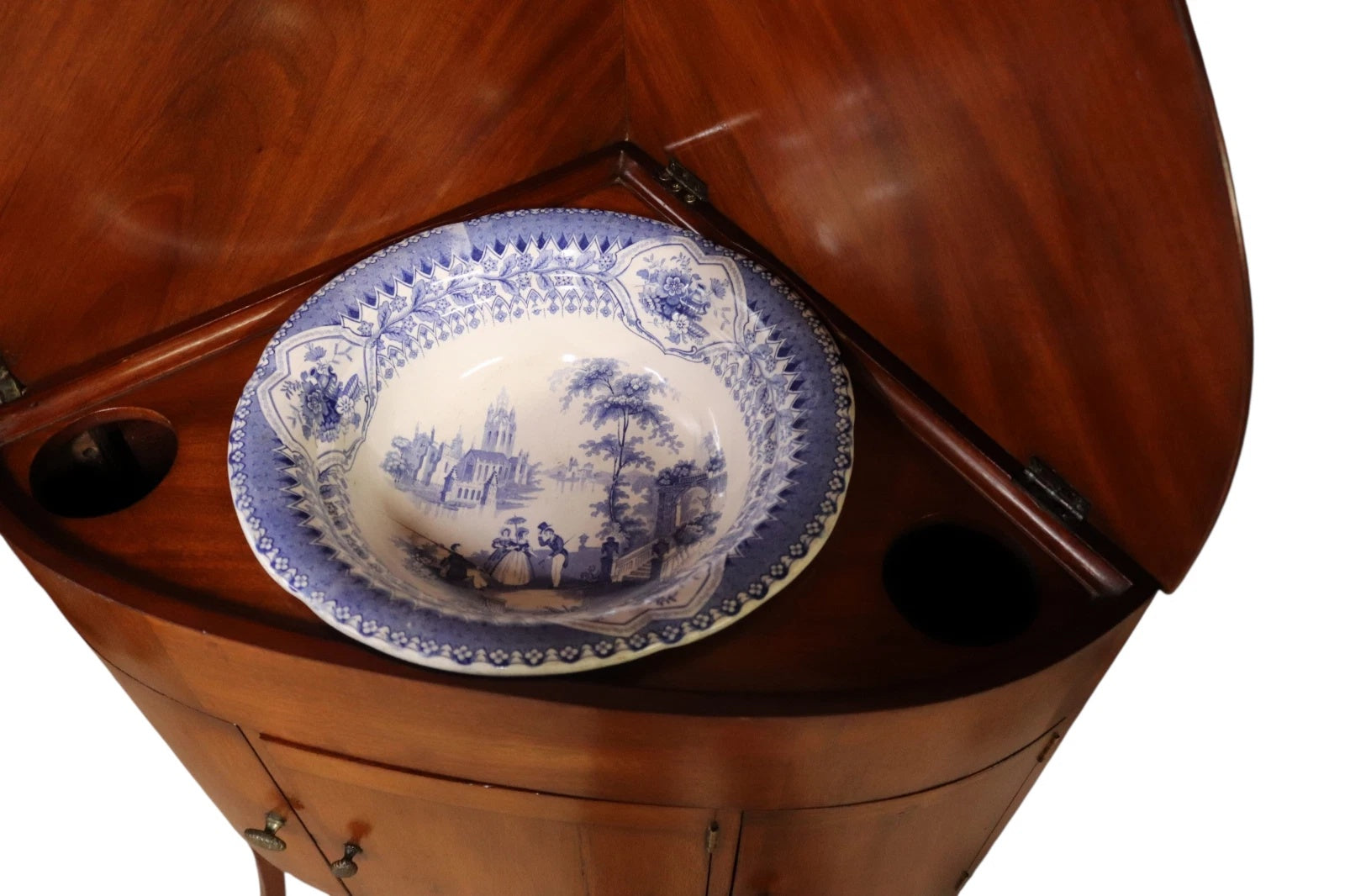 Antique Mahogany Georgian Corner Washstand with Blue & White Ceramic Basin