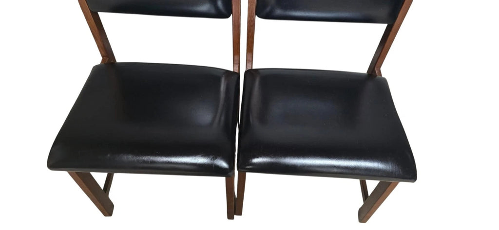 Set of 4 Mid Century Teak Dining Chairs - Pivoting Tilt Back - Black Vinyl MCM