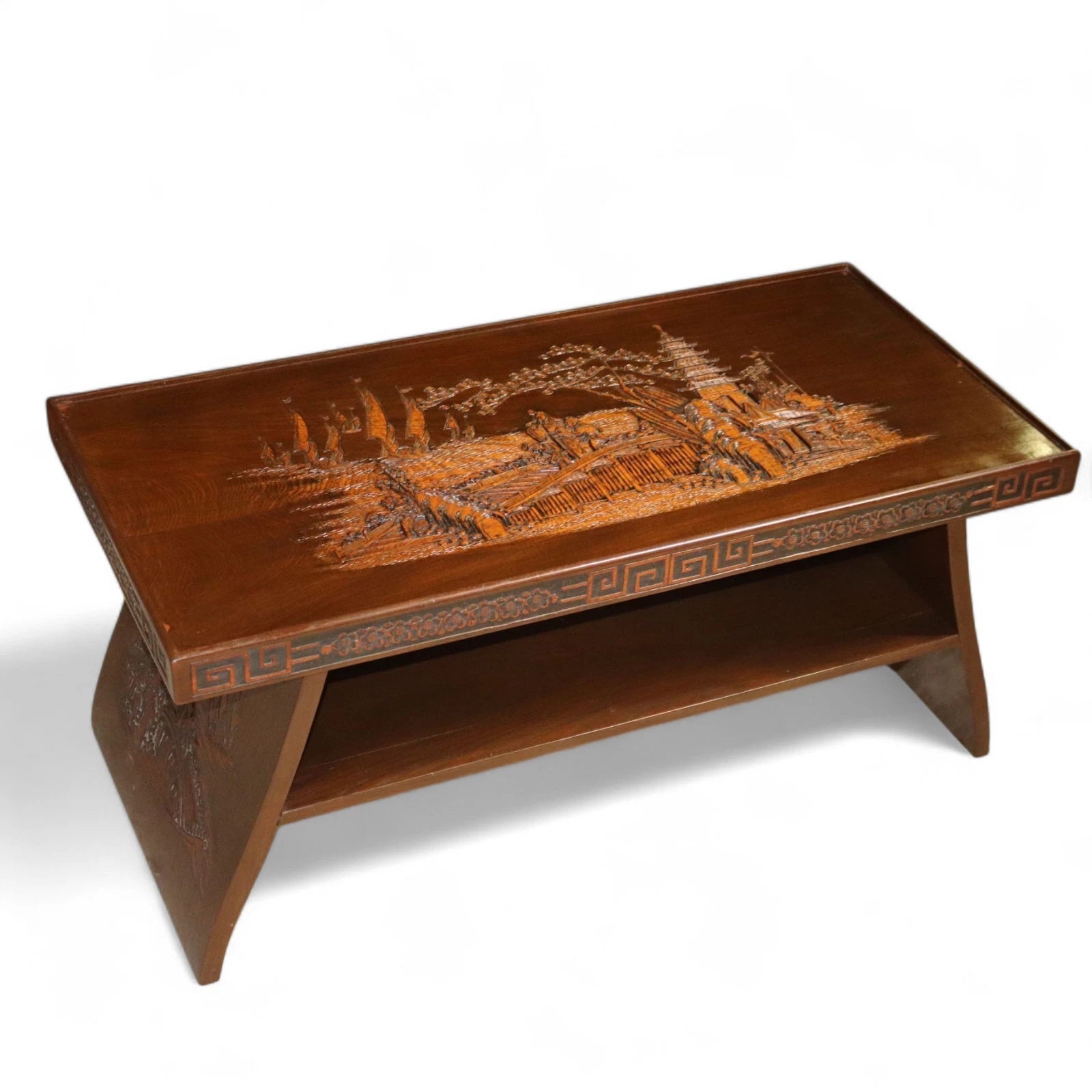 Vintage Chinoiserie Chinese Carved Wood Coffee Table - Glass Top