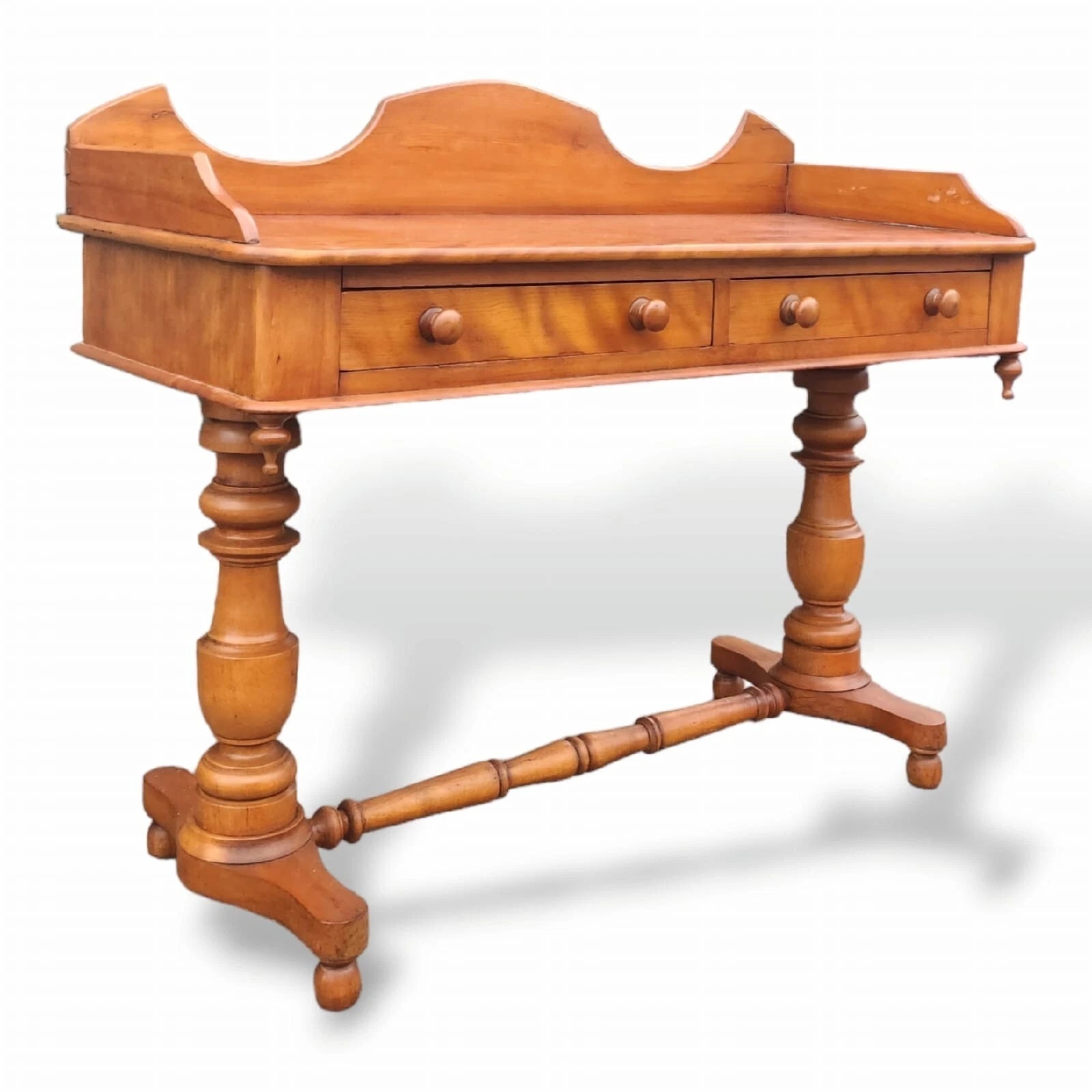 Victorian Satin Birch two drawer gallery back writing table antique desk
