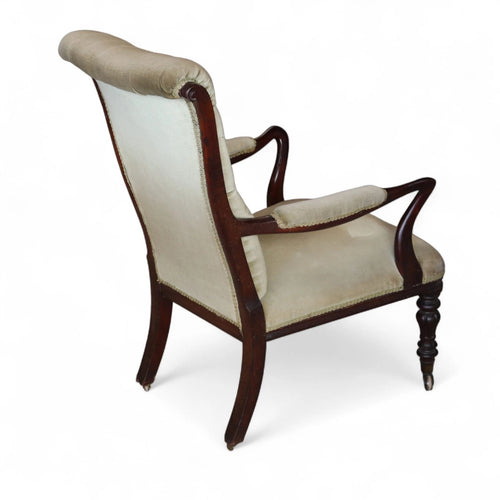 Antique Victorian Scroll Back Armchair  Mahogany Button Back Library Chair 19thC