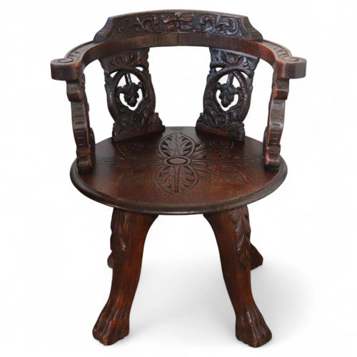 Antique Victorian Carved Oak Green Man Captians Swivel Office Chair