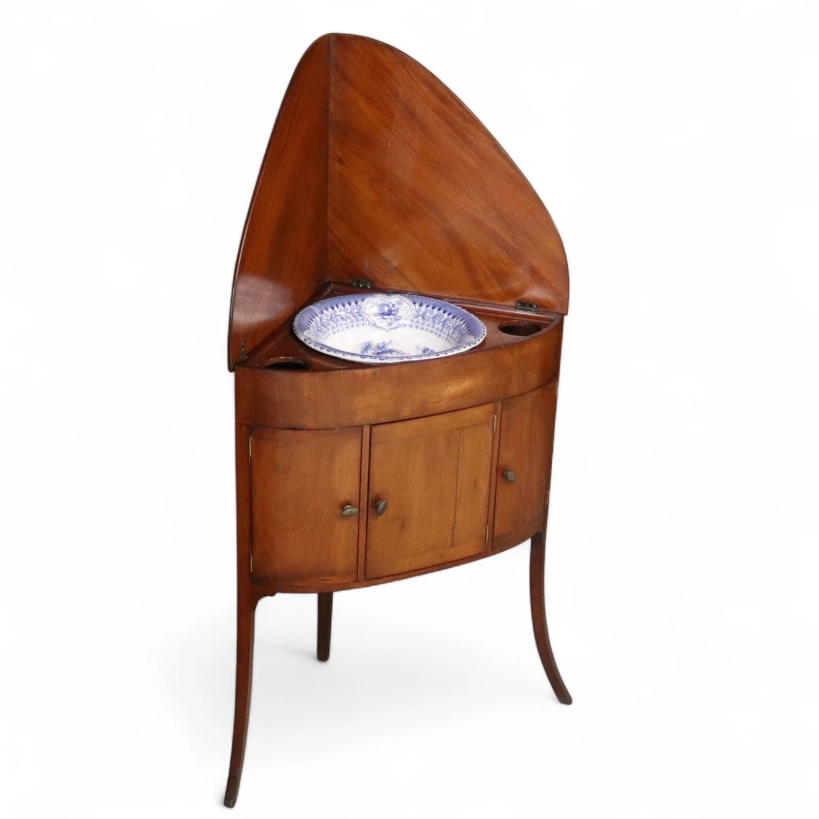 Antique Mahogany Georgian Corner Washstand with Blue & White Ceramic Basin