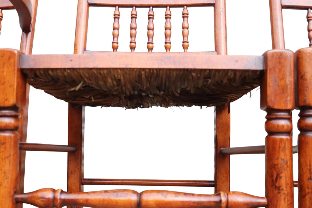 Set of 8 Antique Lancashire Elm & Ash Rush Seat Spindle Back Dining Chairs