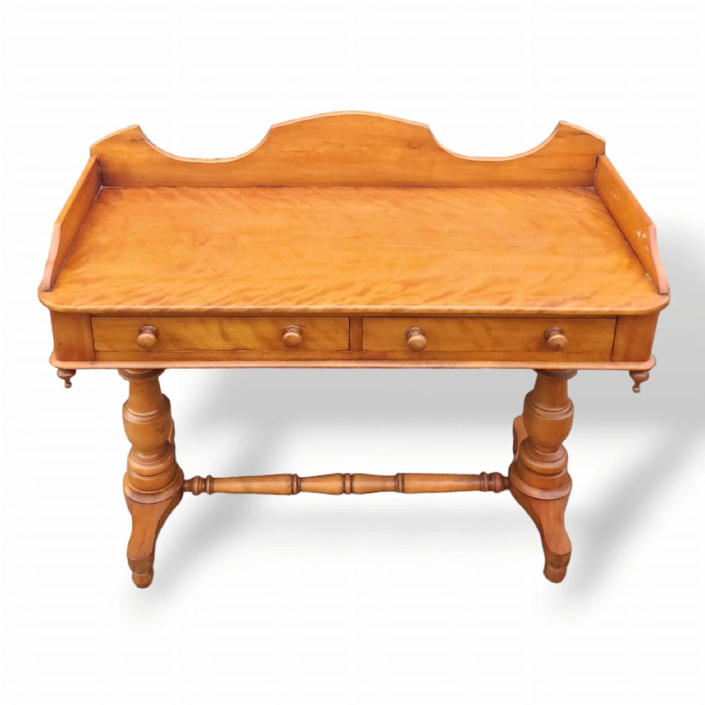 Victorian Satin Birch two drawer gallery back writing table antique desk