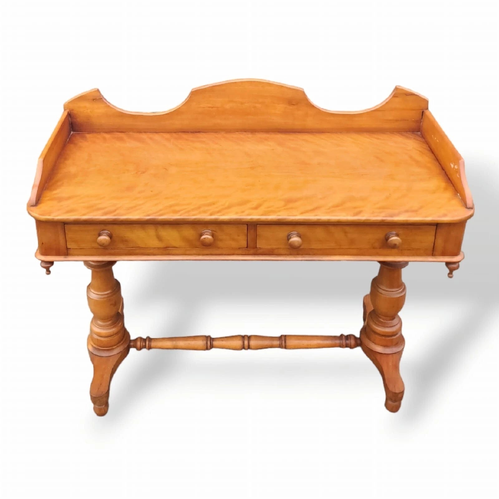Victorian Satin Birch two drawer gallery back writing table antique desk