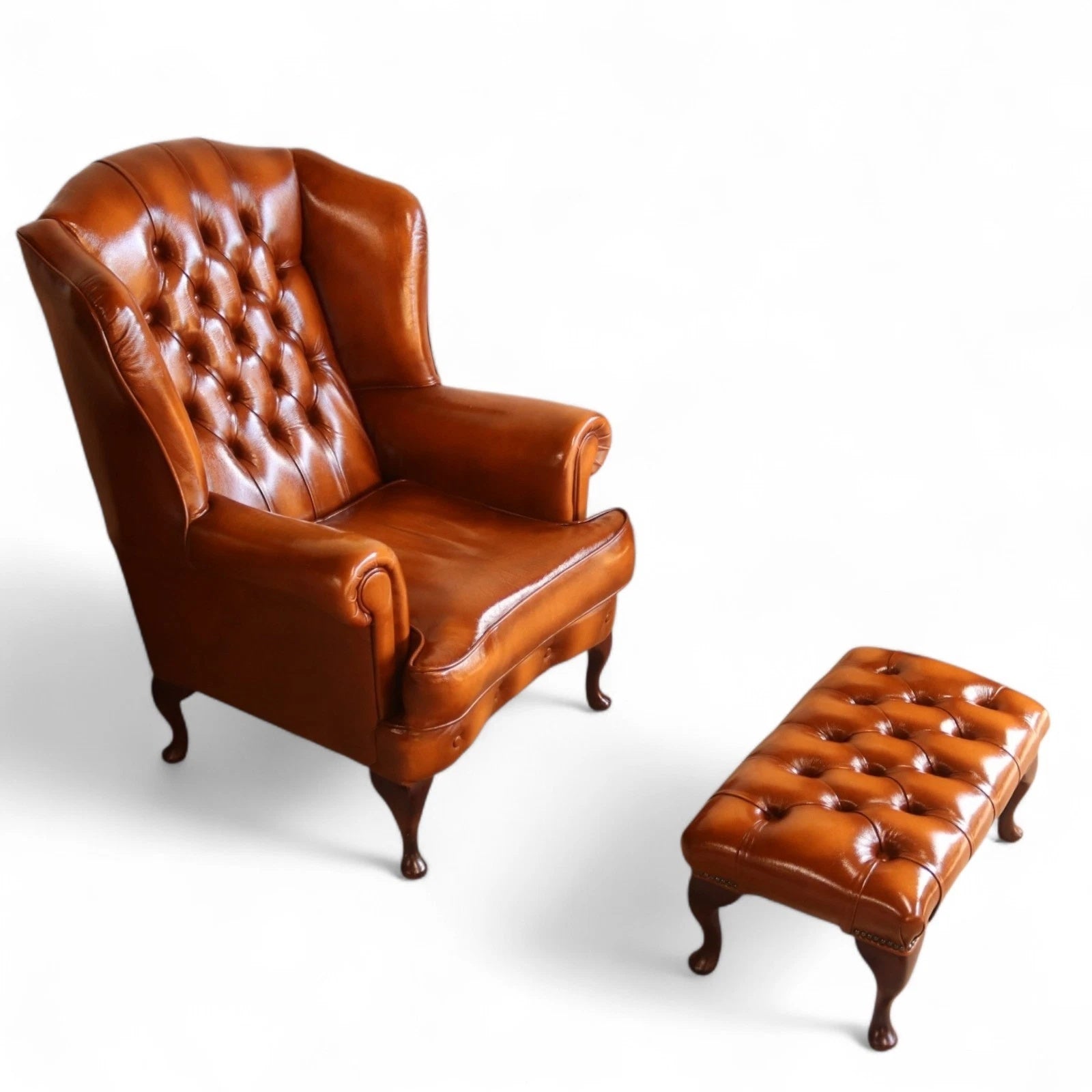 Vintage Chesterfield Tan Leather Wing Back Armchair With Footstool