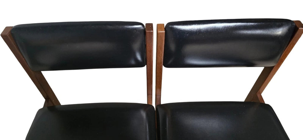 Set of 4 Mid Century Teak Dining Chairs - Pivoting Tilt Back - Black Vinyl MCM