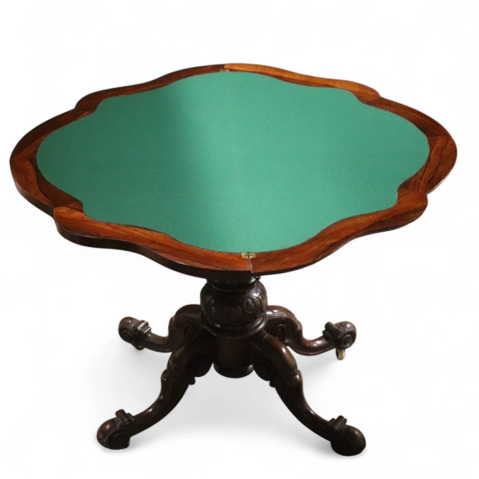 Victorian Antique Rosewood Card Table 19thC Fold Over Swivel Games Table