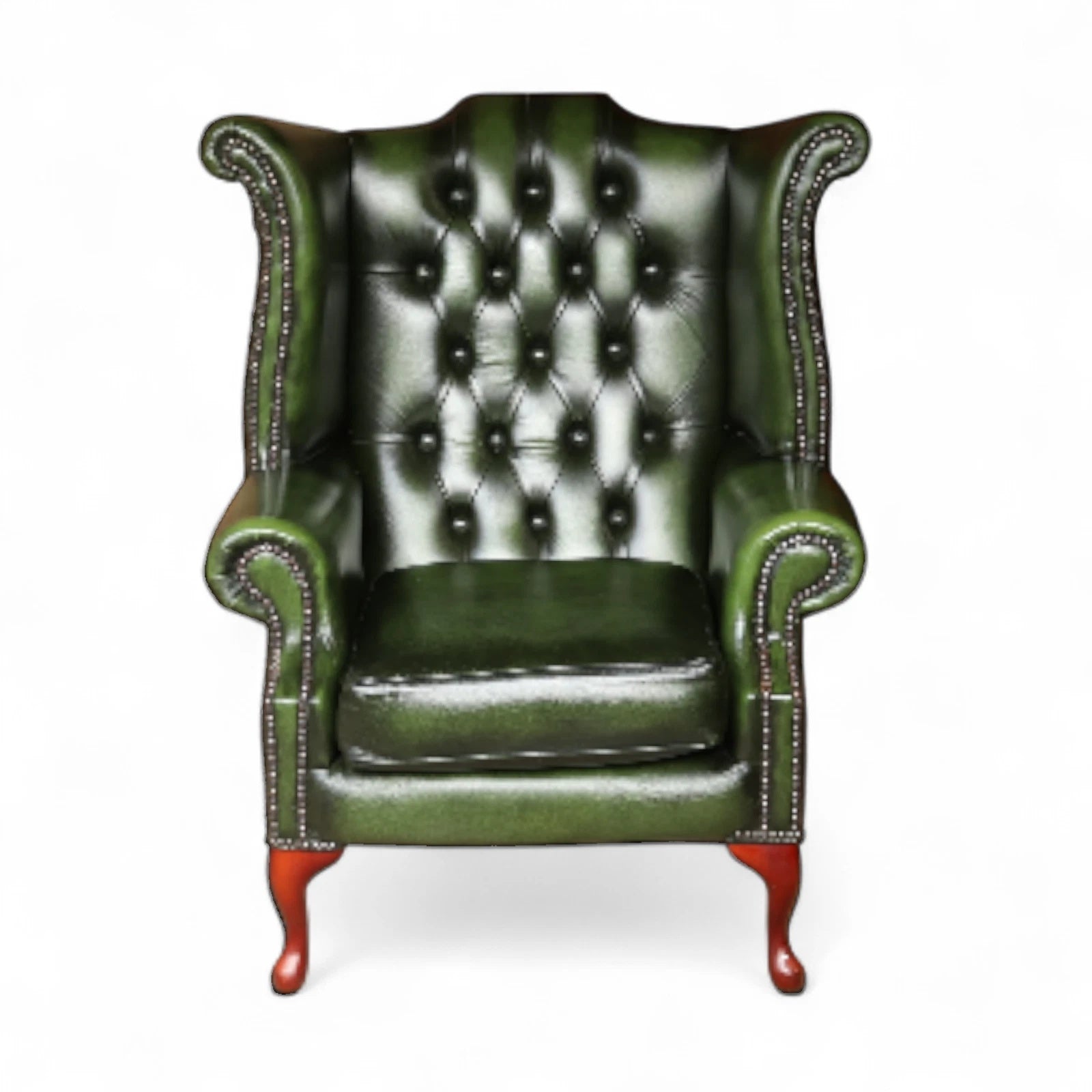 Vintage Green Leather Chesterfield Wing Back Armchair